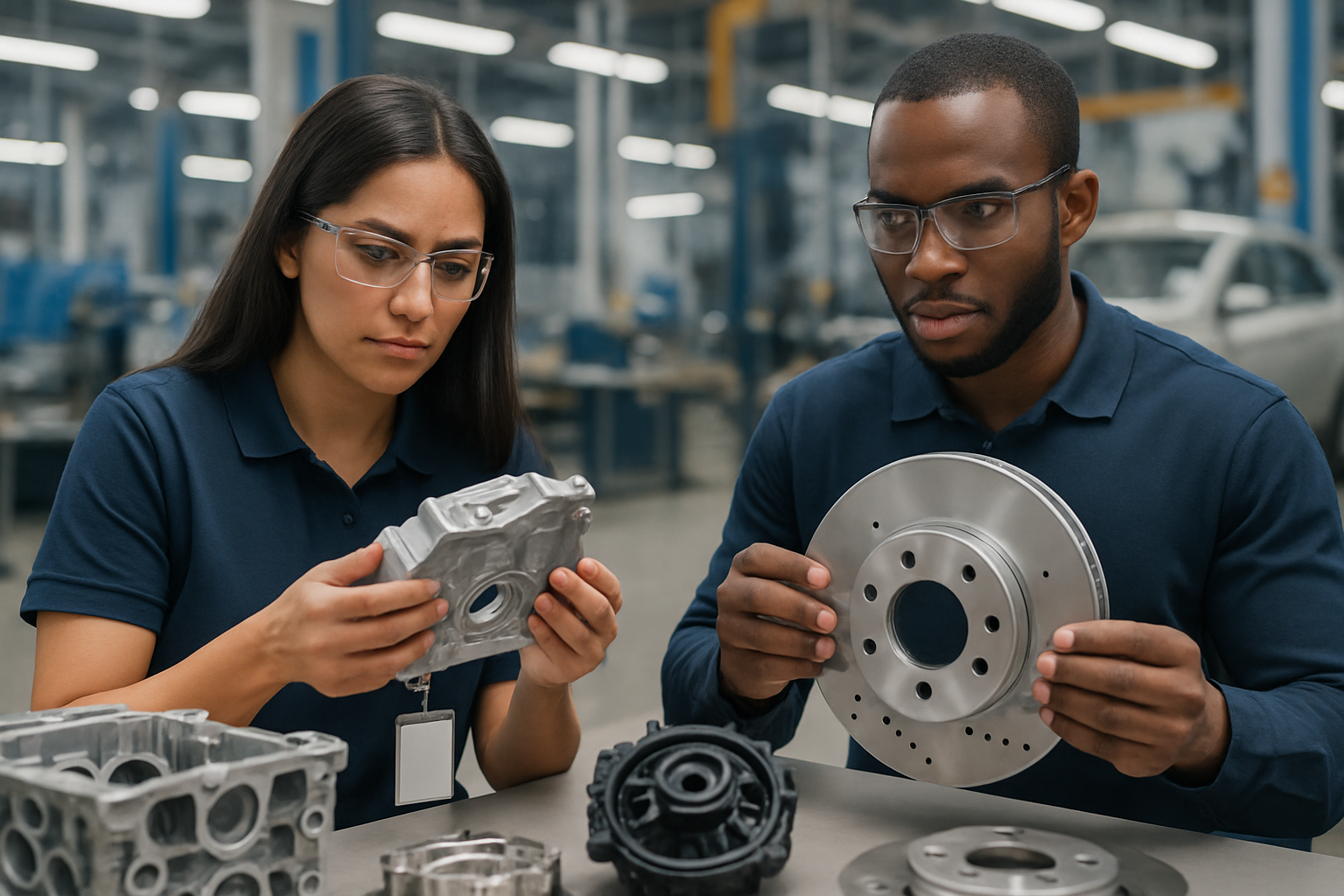 Engineers inspecting automotive components for quality